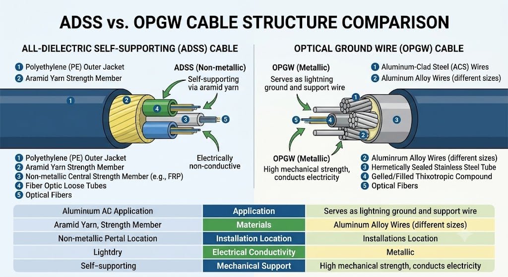ADSS vs OPGW cable cross-section diagram
