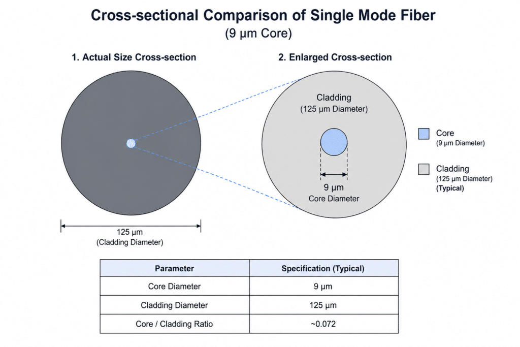 Cross-sectional comparison of single mode fiber showing a 9 μm core