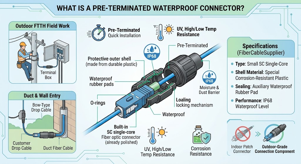IP68 SC pre-terminated waterproof connector for FTTH outdoor drop cable connection