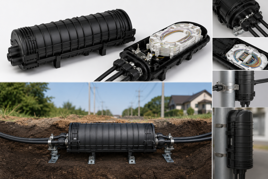 Fiber optic splice closure for outdoor aerial duct and direct burial networks