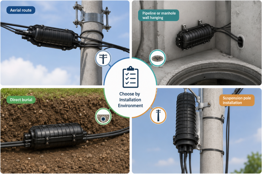 Fiber optic splice closure for outdoor aerial duct and direct burial networks