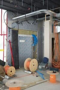 Fiber optic cable drums and wiring at an outdoor construction site